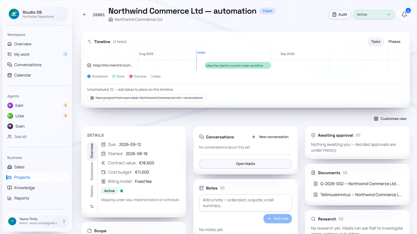 The project page: timeline, contract value against cost budget, documents, and what the status actually says.